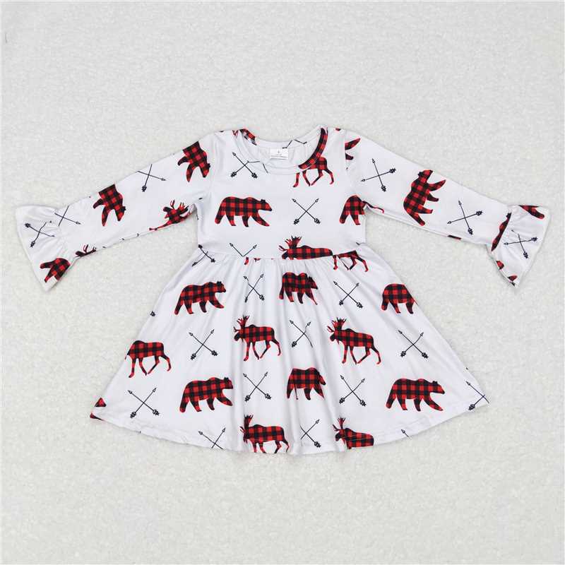 9.23 RTS NO MOQ（In stock）G6-6-6;; Baby Girls Winter Dress Plaid animal white long-sleeved dress