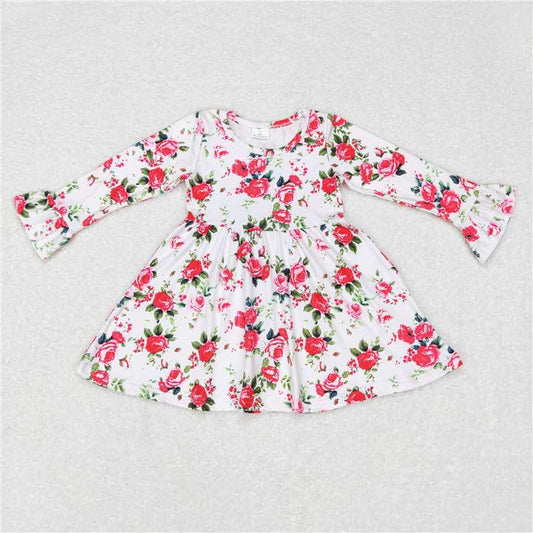 9.19 RTS NO MOQ（In stock）G6-6-5/ Baby Girls Winter Dress White long-sleeved dress with red flowers and green leaves