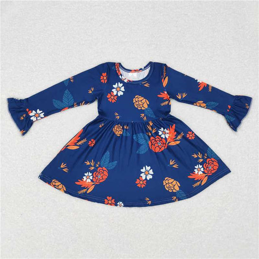 9.25 RTS NO MOQ（In stock）G6-6-5,, Baby Girls Winter Dress Orange floral navy blue long-sleeved dress