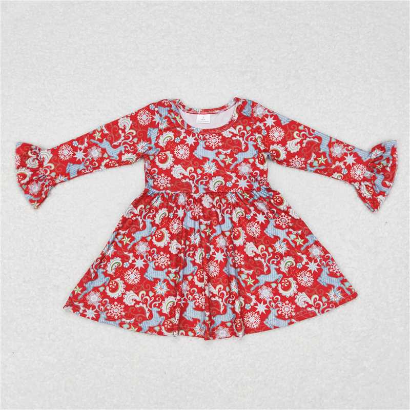 9.23 RTS NO MOQ（In stock）G6-6-5'' Baby Girls Winter Dress Red long-sleeved dress with blue and white patterns