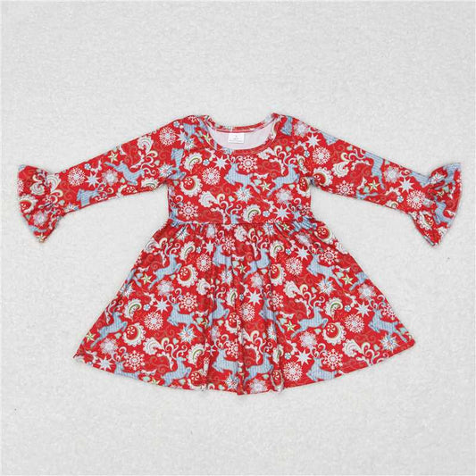 9.23 RTS NO MOQ（In stock）G6-6-5'' Baby Girls Winter Dress Red long-sleeved dress with blue and white patterns