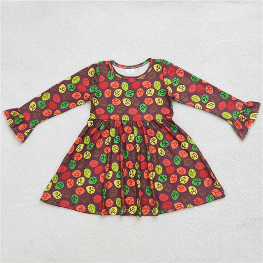 9.25 RTS NO MOQ（In stock）G6-6-4, Baby Girls Winter Dress Colorful leaf purple long-sleeved dress