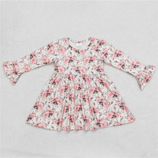 9.22 RTS NO MOQ（In stock）G6-6-4. Baby Girls Winter Dress Lotus pink floral white long-sleeved dress