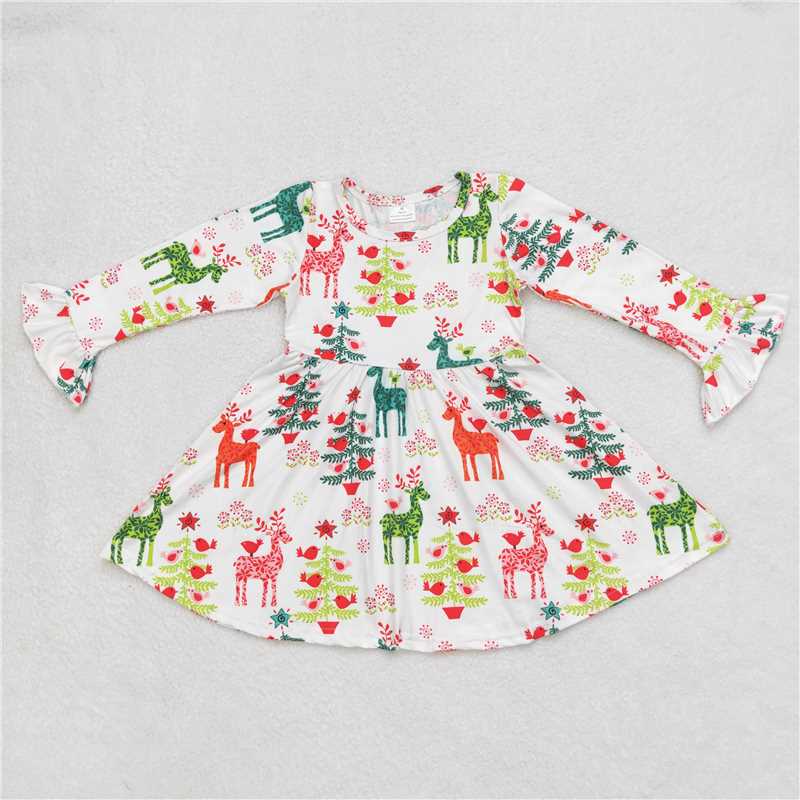 9.22 RTS NO MOQ（In stock）G6-6-4/ Baby Girls Winter Dress White long-sleeved dress with deer, bird and tree