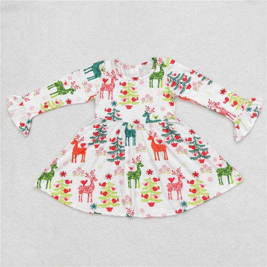 9.22 RTS NO MOQ（In stock）G6-6-4/ Baby Girls Winter Dress White long-sleeved dress with deer, bird and tree