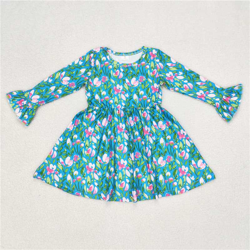 9.22 RTS NO MOQ（In stock）G6-6-4; Baby Girls Winter Dress Rose pink floral blue long-sleeved dress