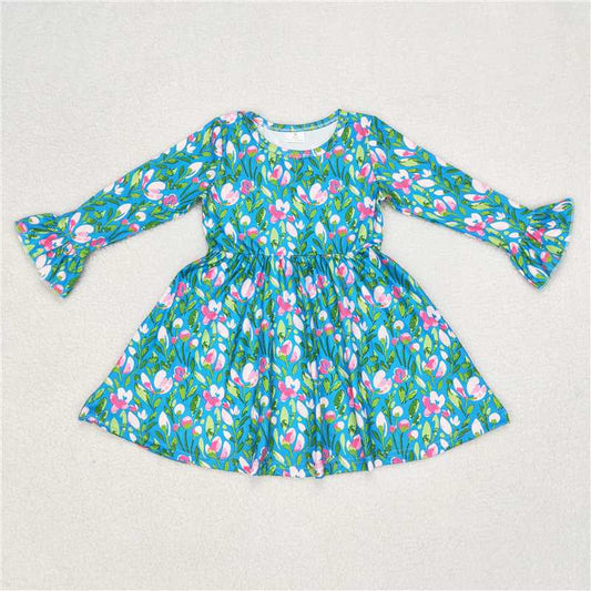 9.22 RTS NO MOQ（In stock）G6-6-4; Baby Girls Winter Dress Rose pink floral blue long-sleeved dress