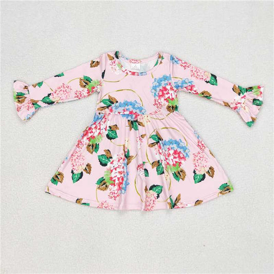 9.22 RTS NO MOQ（In stock）G6-6-4.. Baby Girls Winter Dress Pink long-sleeved dress with red, blue flowers and green leaves