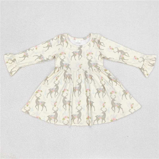9.22 RTS NO MOQ（In stock）G6-6-4;; Baby Girls Winter Dress Pink Flower Fawn Light Yellow Long Sleeve Dress