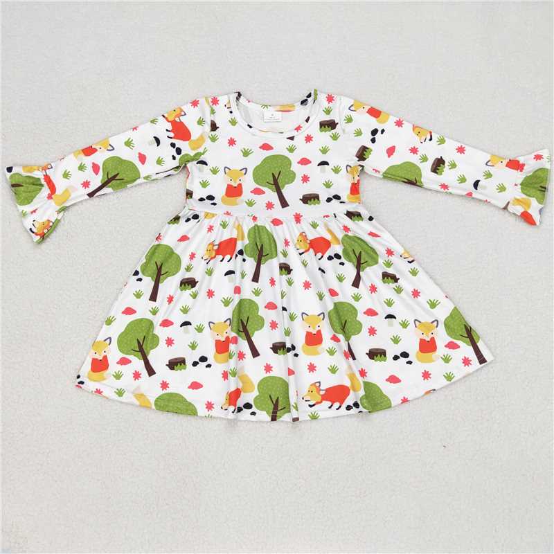 9.23 RTS NO MOQ（In stock）G6-6-4'' Baby Girls Winter Dress Tree Fox Palm White Long Sleeve Dress