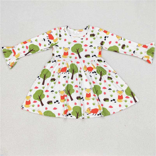 9.23 RTS NO MOQ（In stock）G6-6-4'' Baby Girls Winter Dress Tree Fox Palm White Long Sleeve Dress
