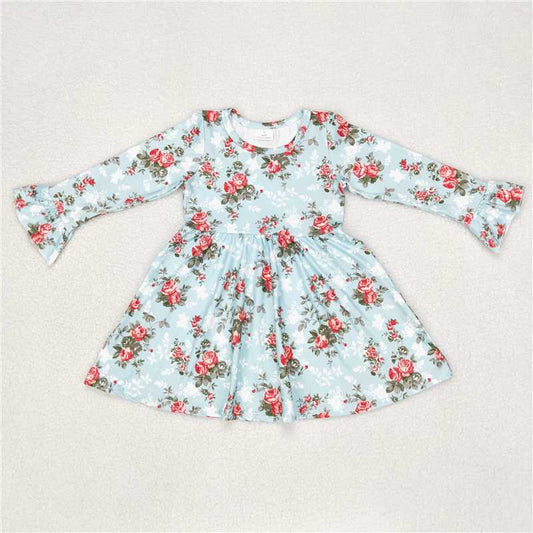 9.23 RTS NO MOQ（In stock）G6-6-3; Baby Girls Winter Dress Dark red flower, white leaves and blue long-sleeved dress