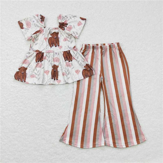 GSPO0961 Alpine bull head flower one-shoulder short-sleeved striped trousers suit