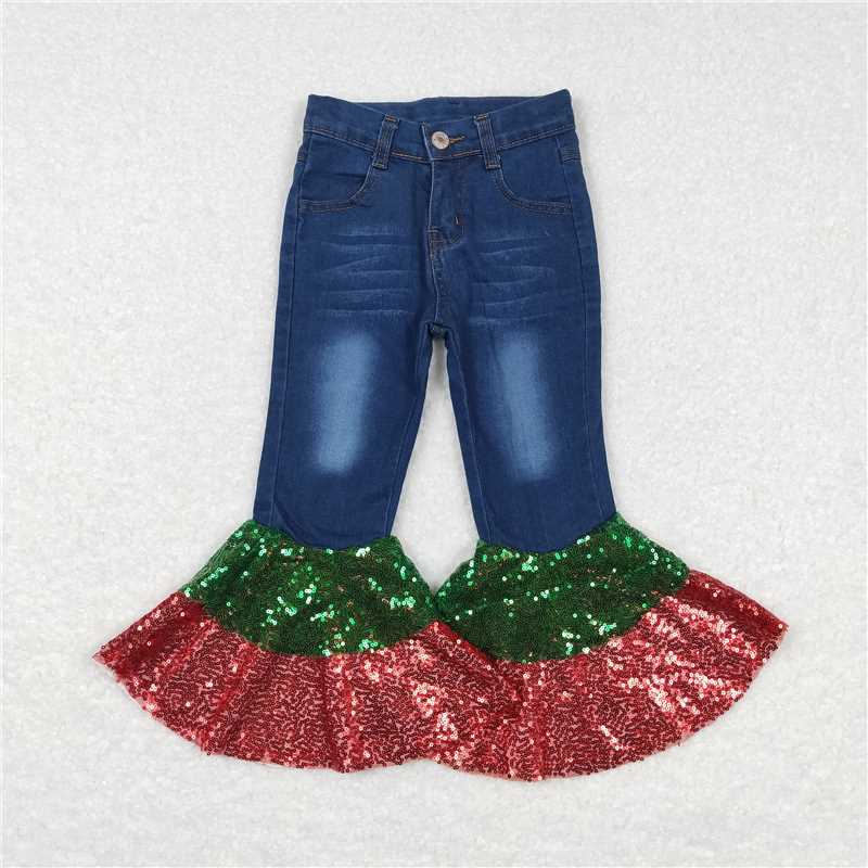 P0113  Baby Girls Christmas Denim Sequin Bell Bottom Pants Jeans