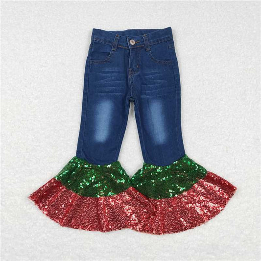 P0113  Baby Girls Christmas Denim Sequin Bell Bottom Pants Jeans