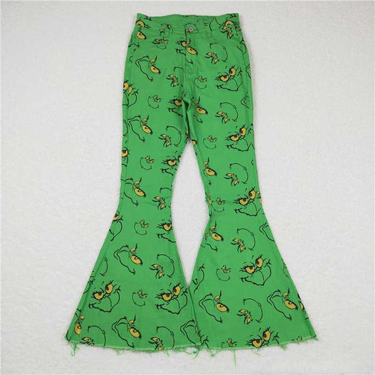 P0323  Family Sibling Christmas Green Frog Face Denim Bell Pants