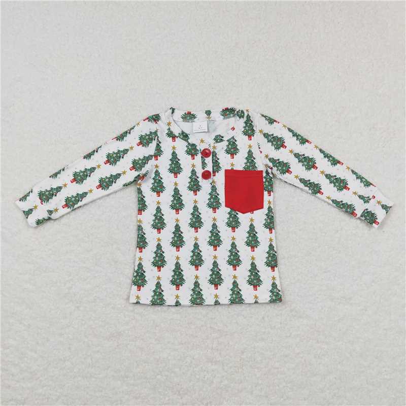 BT0326  Baby Boys Christmas Tree Pocket Long Sleeve Tee Shirt Tops