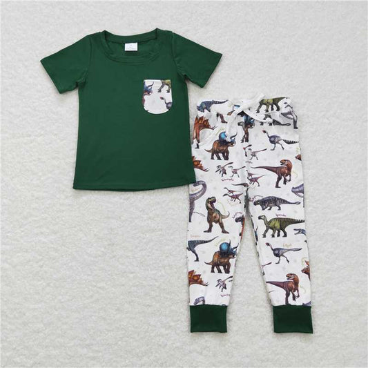 BSPO0181 Baby Boys Green Color Dinosaur Pocket Top Pants Clothing Sets