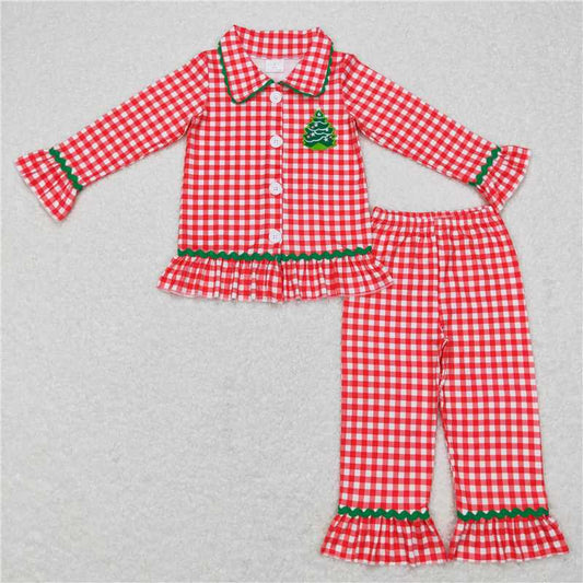 GLP0854 Embroidered star Christmas tree red and white plaid lace long sleeve trousers suit