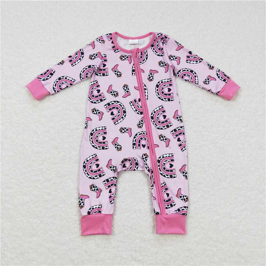 LR0490  Pink cow print rainbow boots baby girls zipper romper