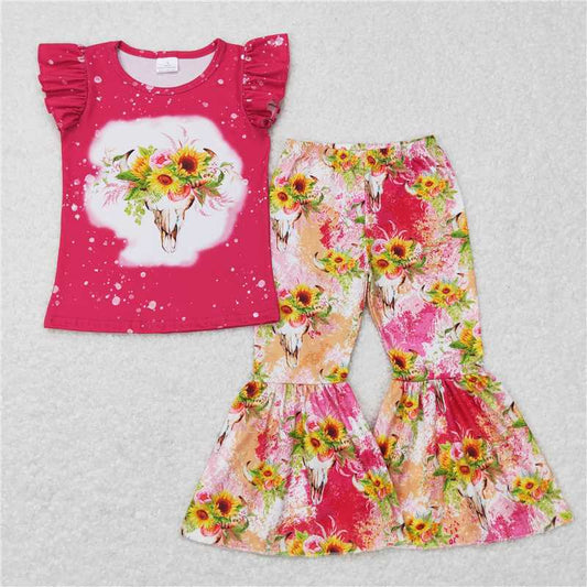 GSPO0913 Alpine Bullhead Sunflower Rose Red Lace Short Sleeve Pants Set