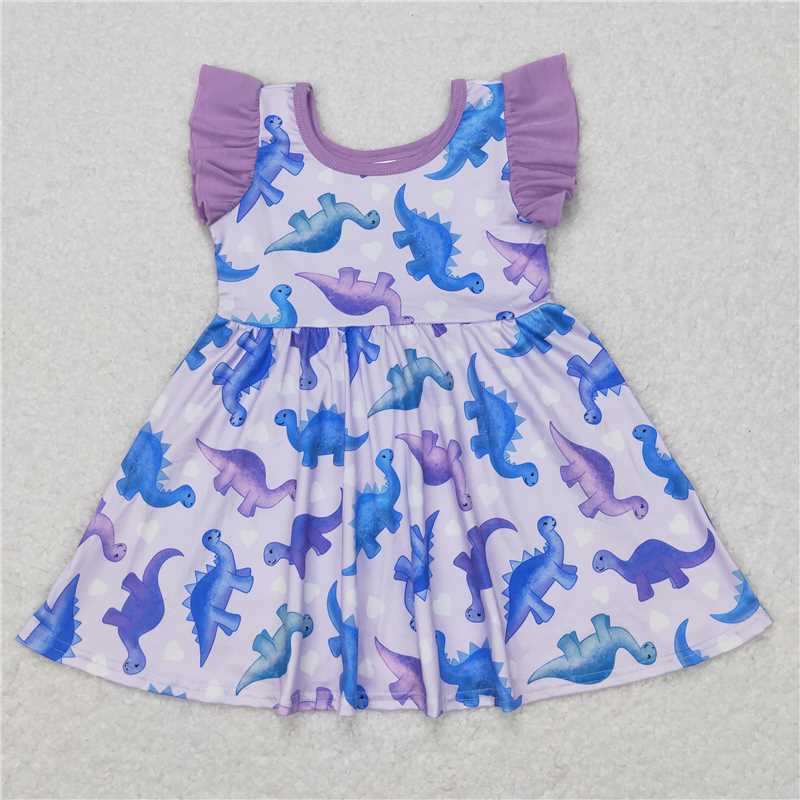 GSD0493 Purple flutter sleeves dinosaur girls dresses