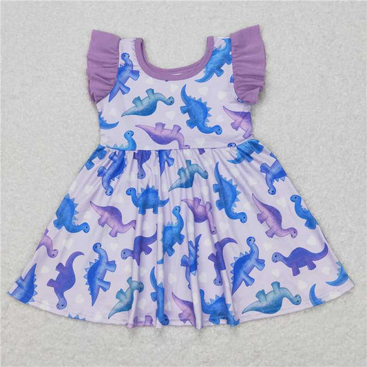 GSD0493 Purple flutter sleeves dinosaur girls dresses
