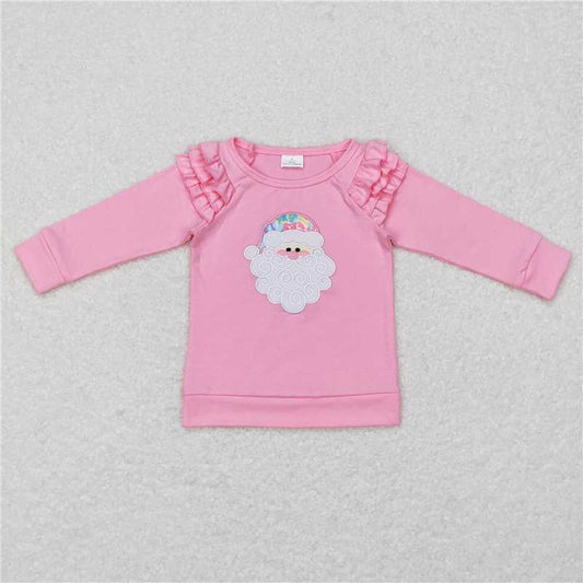 11.19 RTS NO MOQ （In stock）GT0369 Baby Girls Christmas Pink Santa Long Sleeve Ruffle Tee Shirts Tops