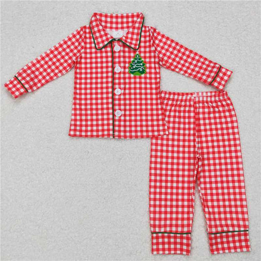 BLP0378Red plaid Christmas tree kids boy pajamas