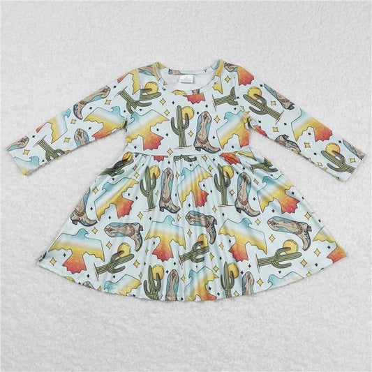 GLD0349  Baby Girls Western Birds Boots Cactus Knee Length Dresses