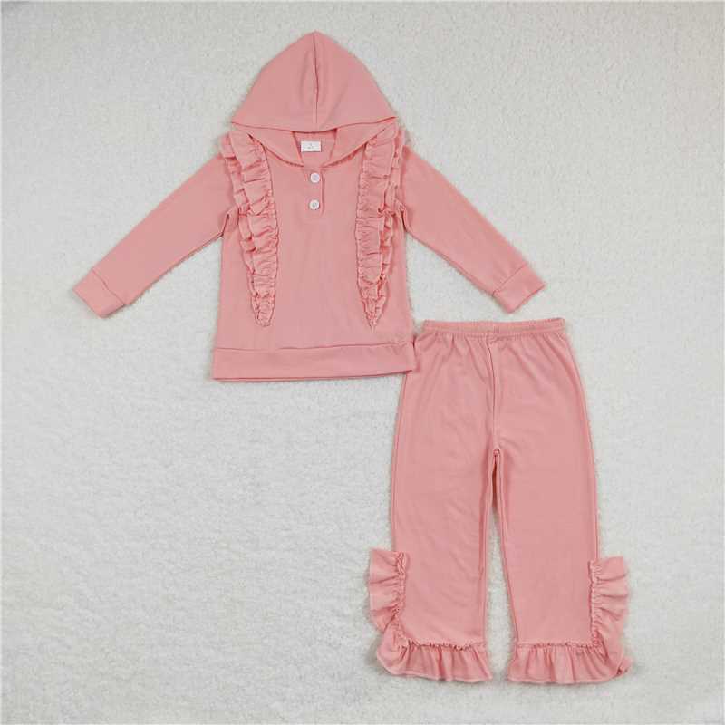 11.12 RTS NO MOQ （In stock）Matching GLP0894 Baby Girls Boutique Pink Hooded Ruffle Top Pants Clothes Sets