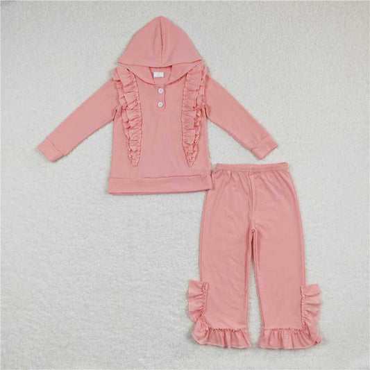11.12 RTS NO MOQ （In stock）Matching GLP0894 Baby Girls Boutique Pink Hooded Ruffle Top Pants Clothes Sets
