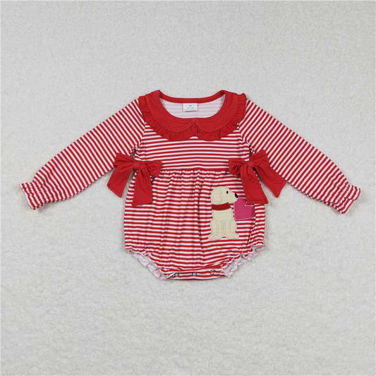 10.20 RTS NO MOQ （In stock） Matching Valentines LR0763 Baby Infant Girls Red Stripes Dogs Long Sleeve Hearts Valentines Rompers