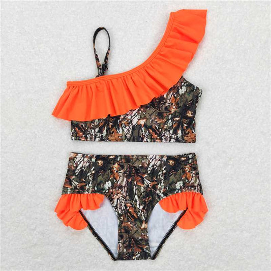 S0197  Baby Girls Summer Camo Orange Ruffle Two Pieces Swimsuits