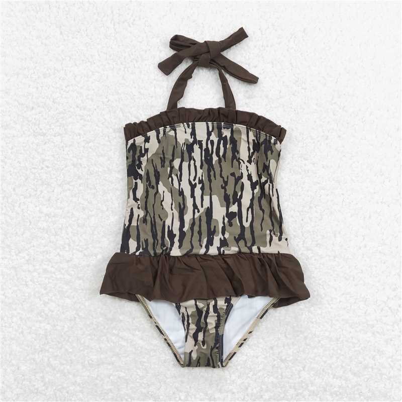 S0192  Baby Girls Summer Brown Camo Branches One Piece Swimsuits