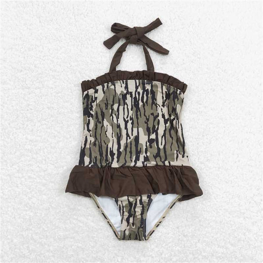 S0192  Baby Girls Summer Brown Camo Branches One Piece Swimsuits