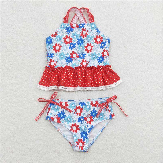 S0253  Baby Girls Red Blue Flowers Top Bummie Two Pieces Swimsuits