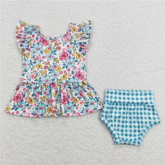 GBO0257  Baby Girls Blue Flowers Top Checkered Bummies Clothes Sets