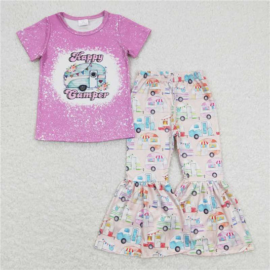 GSPO1196 Happy camper camping bus rose red short-sleeved trousers suit
