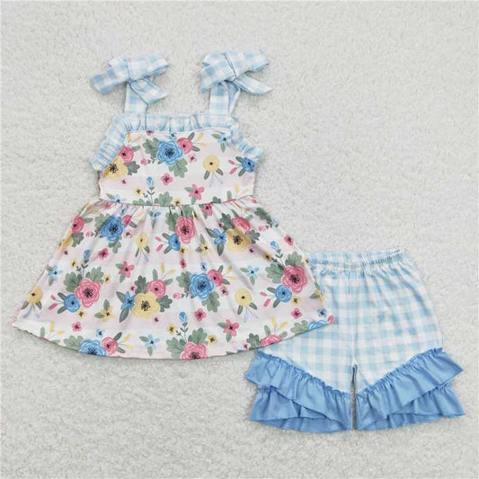 RTS NO MOQ （In stock）GSSO0586 Floral pink striped blue and white checkered lace suspender shorts set