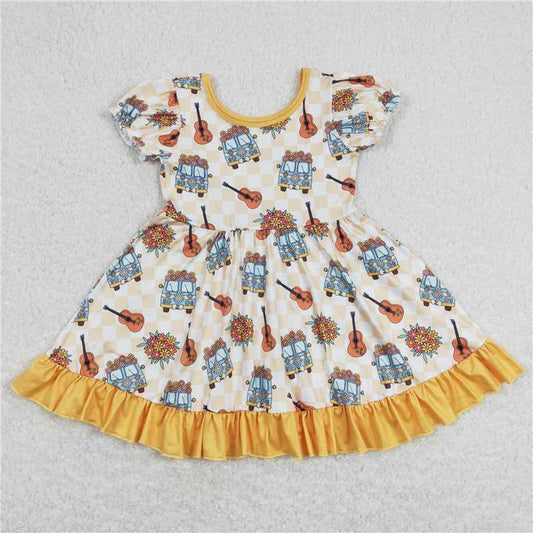 GSD0816  Short sleeves plaid floral guitar girls ruffle dress