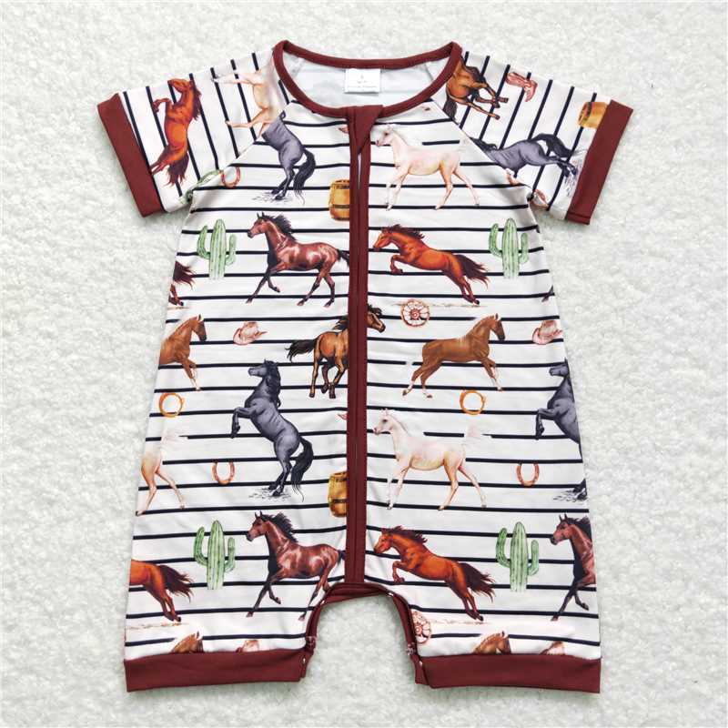 SR0823 Sibling Baby Infant Boys Western Cowboys Short Sleeve Zip Rompers