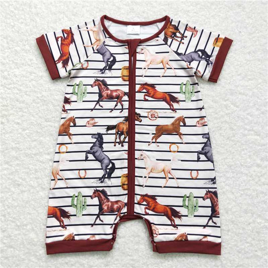 SR0823 Sibling Baby Infant Boys Western Cowboys Short Sleeve Zip Rompers