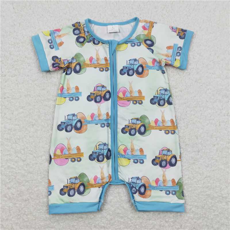 SR0883 Baby Children Infant Easter Rabbit Tractor Zip Short Sleeve Rompers