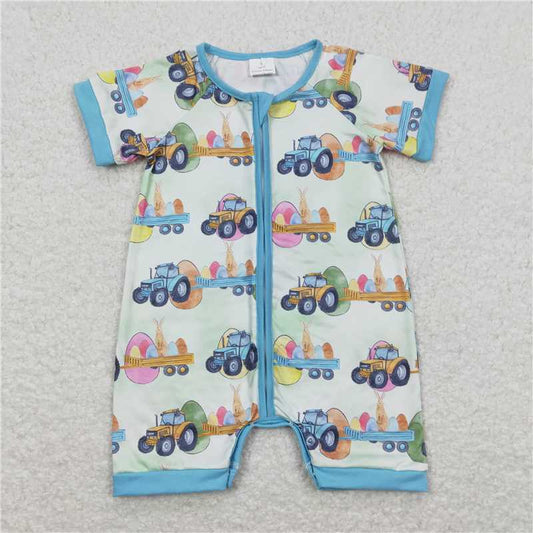 SR0883 Baby Children Infant Easter Rabbit Tractor Zip Short Sleeve Rompers