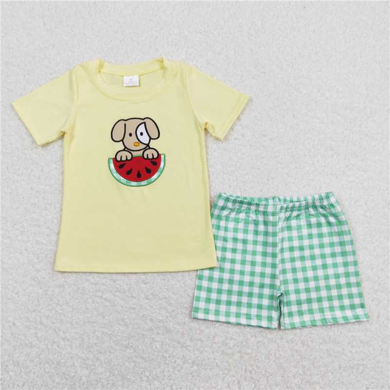 BSSO0446RTS NO MOQ Baby Boys Summer Boys Outfits  Dog watermelon top green shorts boys summer outfits
