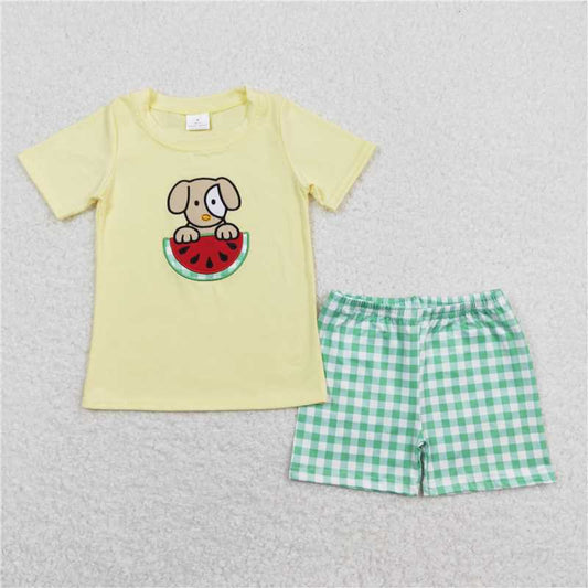 BSSO0446RTS NO MOQ Baby Boys Summer Boys Outfits  Dog watermelon top green shorts boys summer outfits