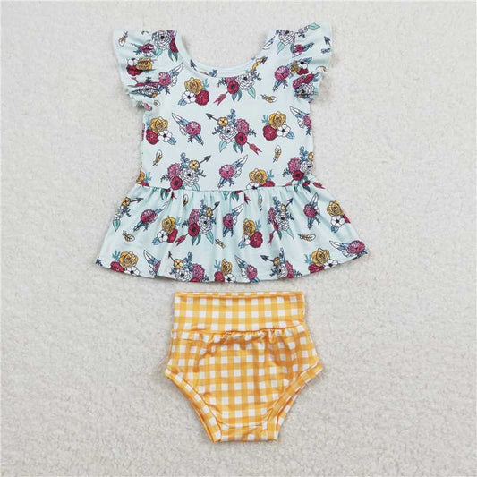 GBO0281 	Baby Girls Flowers Mustard Flutter Sleeve Tunic Top Bummies Clothes Sets
