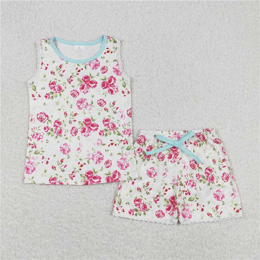 Baby Toddler Girls Sleeveless Flowers Tee Top Shorts Pajamas Clothes Sets