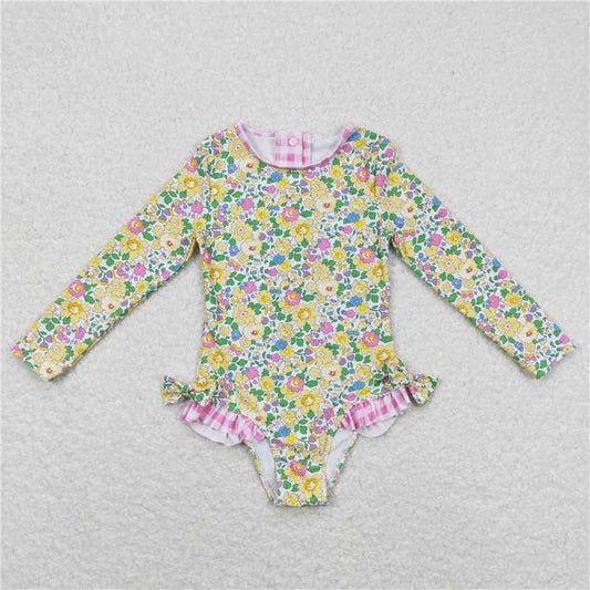 S0191   Baby Girls Summer Long Sleeve Flowers Bows One Piece Swimsuits